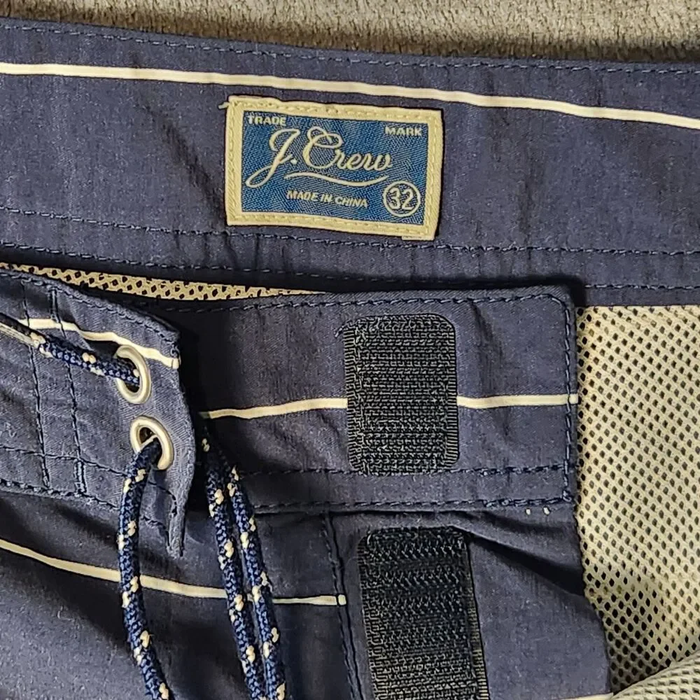 J. Crew Men Board Shorts Swim Trunks Navy Blue White Striped Cargo Pocket‎